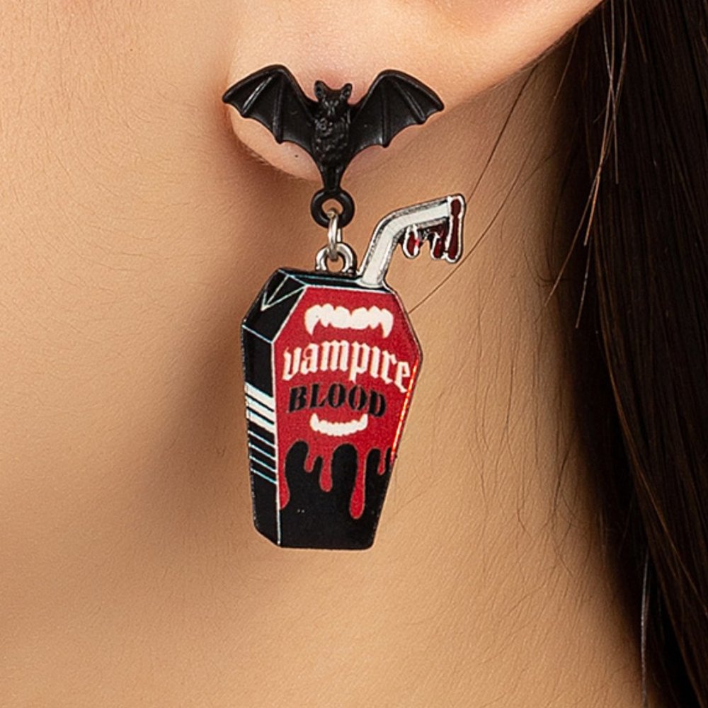 DESIGNER Goth Vampire Dracula Blood Bat & Coffin Dangle Earrings**NEW!